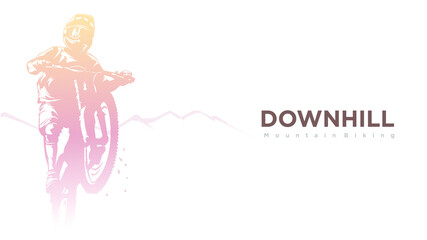 big mtb rider jump silhouette in modern vivid color stlye. down hill text and copy space vector illustration