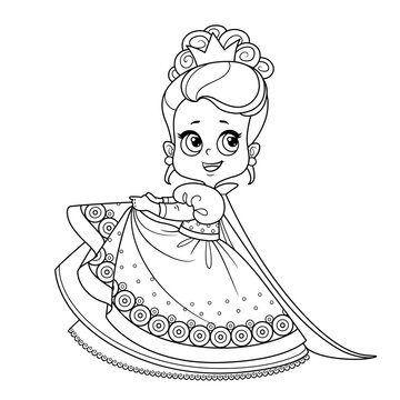 Cute princess in ball dress with puffy skirts and high hair outlined for coloring book
