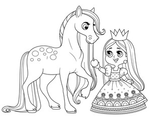 Cute cartoon princess feed a horse an apple outlined for coloring book © Azuzl
