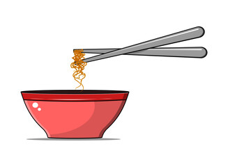 chopsticks and bowl. A noodle bowl in red color. A set of noodle bowl and sticks.