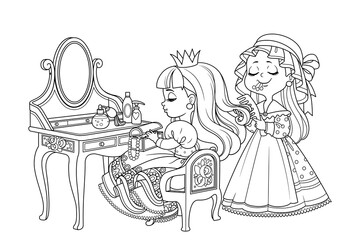 Maid combing the hair of a princess sitting behind dressing table outlined for coloring book