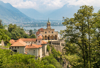 View of Madonna del Sasso Sanctuary in Orselina, above Locarno city and lake Maggiore, Ticino, Switzerland