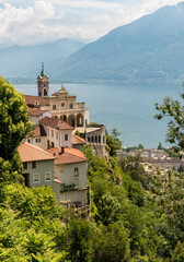 Fototapeta na wymiar View of Madonna del Sasso Sanctuary in Orselina, above Locarno city and lake Maggiore, Ticino, Switzerland