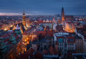 Aerial panorama of illuminated old town part of Wroclaw after the sunset. Poland