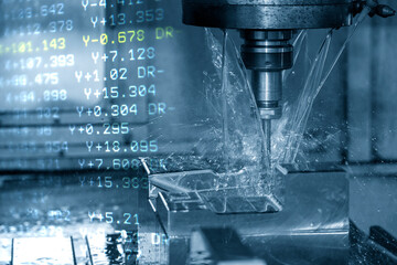 Abstract scene of CNC milling machine cutting the injection mold parts and G-code data background....