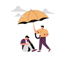 Vector illustration, concept of support for those under stress, a young man holds out an umbrella from the rain.