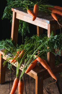 fresh carrots with green tails on a wooden step