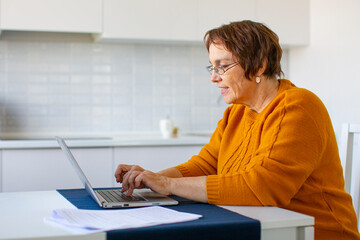 Smiley senior woman filling forms online.