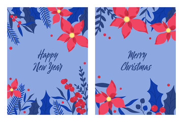 Set of Christmas and New Year greeting cards with blue decorative elements in trendy flat style. Template design for covers, invitations, posters, cards, tags. Vector illustration in blue colors.