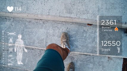 Walking sports man measuring heartbeat, distance, burned calories, steps. Body diagram. Health care concept. Strong sports male person. Heart rate bpm. Online application. Healthy lifestyle.