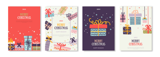 Merry Christmas and New Year cards. Hand Drawn Doodle Gift Boxes. Vector illustration. Design for poster, party invitation, brochure or flyer template with birthday presents.