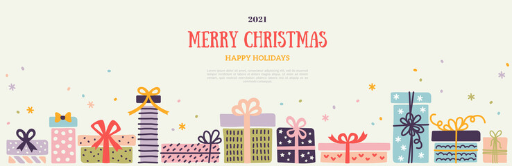 Christmas and New Year 2021 horizontal banner, border with colorful pastel ornate gift boxes and snow confetti on white background. Vector illustration. Place for text. Party brochure template