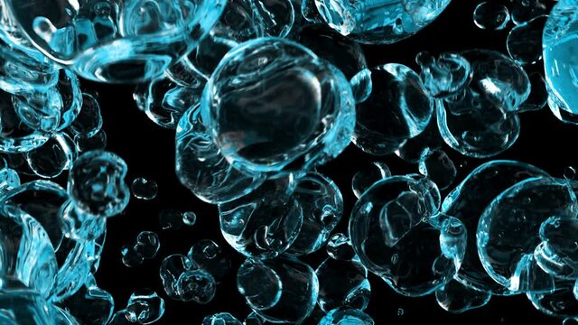 Abstract 3d animation  blue bubbles on black background. Liquid water bubbles flying up. 