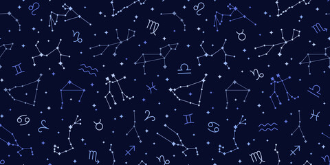 Seamless pattern of blue zodiac signs. Vector illustration. Capricorn, Aries, Leo astrological symbols. Connected glowing stars on night sky map background. Libra, Virgo, Gemini on space backdrop
