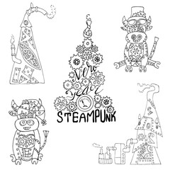 Set of bulls and Christmas tree in the style of Steampunk. vector line illustration hand-drawn. Chinese New year in the style of steampunk. Elements for coloring books for children, greeting cards
