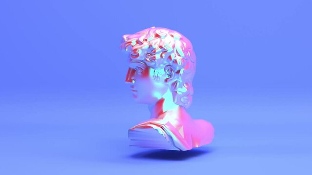 Rotating iridescent shiny metallic michelangelo david head statue seamless looping animated background, holographic bright neon antique greek bust sculpture in modern style, 3d render animation