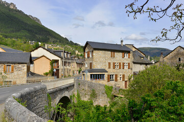 Fototapeta na wymiar Molines (48320 Ispagnac) depuis le pont de Rue Haute (D907 bis), Lozère en Occitanie, France