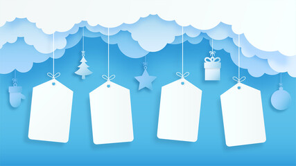 Winter Empty Tag Sale Banner Background. Merry Christmas Online Shopping. 3D Paper Art and Craft.