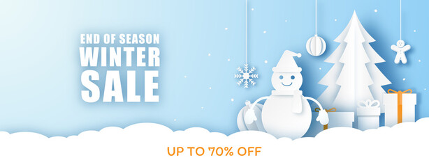 Winter Sale Banner Background. Merry Christmas Online Shopping. 3D Paper Art and Craft.