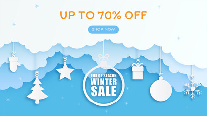 Winter Sale Banner Template Background. Merry Christmas Online Shopping. 3D Paper Art and Craft.