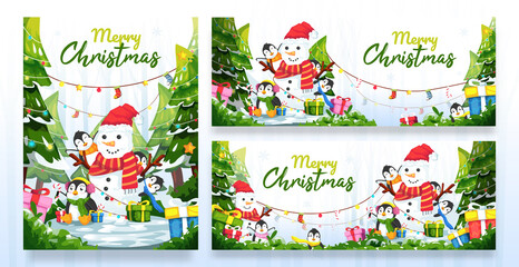 Merry Christmas snowman and penguin in the winter pine forest vector illustration template with various size