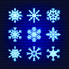 Snowflake vector neon icon set. Christmas and New Year concept. Glowing Vector illustration.