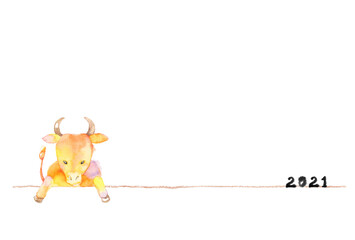 オレンジ色のかわいい牛、男の子、年賀状
