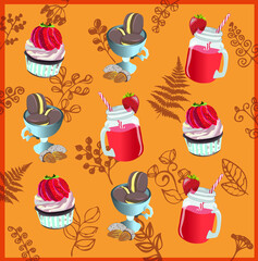 Strawberry sweet vector illustration on the orange background with plants