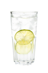 Fototapeta na wymiar side view of gin and tonic cocktail in highball glass with two slices of lime and ice isolated on white background