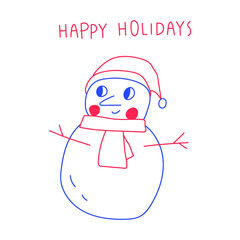 Cute snowman. Happy holidays. Vector outline illustration. Best for greeting cards design. 