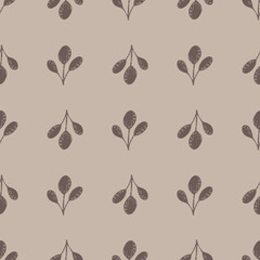 Fall scandi leaves seamless botanic pattern. Autumn brown foliage ornament on pastel background.
