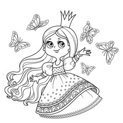 Cute princess in ball dress surrounded by fluttering butterflies outlined for coloring book © Azuzl