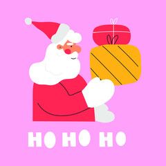Santa with gift boxes. Hand drawn illustration in pink background. Great for greeting cards, posters, print design. 