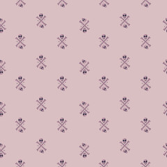 Little skulls and bones elements seamless pattern. Scary halloween print on pink background.