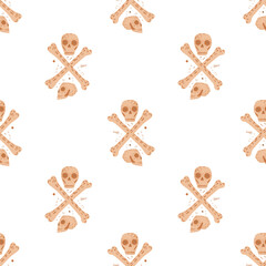 Isolated seamless pattern with doodle cartoon skulls and bones ornament. Beige punk print with white background.