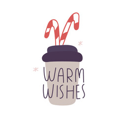Warm wishes. Cup of coffee with hard candies. Vector illustration great for greeting card.