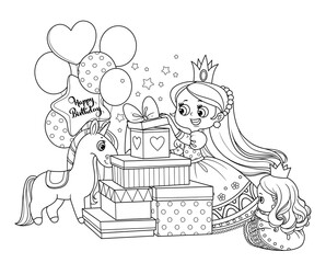 Cute blond princess opens birthday gifts outlined for coloring book