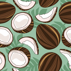 Exotic fruits, hand drawn overlapping background. Colorful tropical wallpaper vector. Seamless pattern with coconuts, palm leaves. Decorative colored illustration, good for printing - 392635331