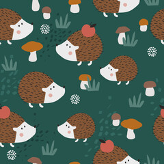 Seamless pattern, hedgehogs, hand drawn overlapping backdrop. Colorful background vector. Cute illustration, animals, apples, mushrooms. Decorative wallpaper, good for printing - 392635371