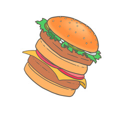 ジャンクフードのイラスト、ハンバーガー、カラー