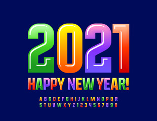 Vector bright greeting card Happy New Year 2021! Sweet candy Font. Colorful Alphabet Letters and Numbers set