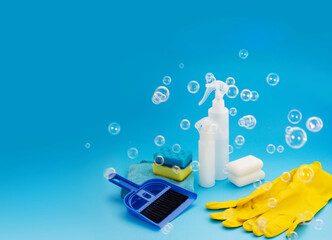 Cleaning product for housework. Housecleaning chores. Household chemicals products. Housekeeping equipment