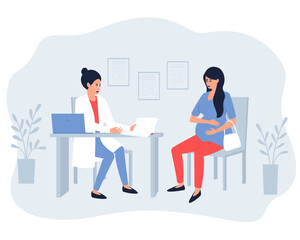 Pregnant woman at the obstetrician-gynecologist appointment. An doctor conducts a conversation before the examination in order to draw up an extended anamnesis. Flat vector illustration.
