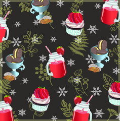 Strawberry sweet vector illustration on the brown background with plants and snowflakes