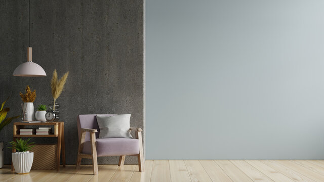 The interior has a armchair on empty dark wall background