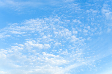 Light translucent cirrocumulus clouds high in a blue sky as a background. Day scenic skyscape of good sunny weather. Full frame.