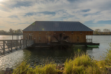 historic rhine river ship mill ginsheim, Hessen, Germany © lesniewski