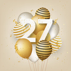 Happy 27th birthday with gold balloons greeting card background. 27 years anniversary. 27th celebrating with confetti. Vector stock
