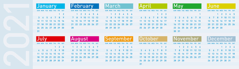 Colorful Calendar for Year 2021, in vector format.