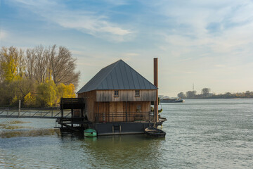 historic rhine river ship mill ginsheim, Hessen, Germany © lesniewski